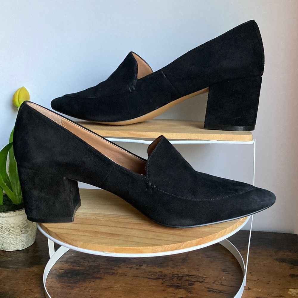 HALOGEN Black Suede Block Heel Moccasin Pumps Pointed Toe Women’s Size 7